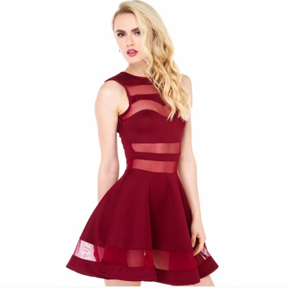 Burgundy Mesh Fit & Flare Dress